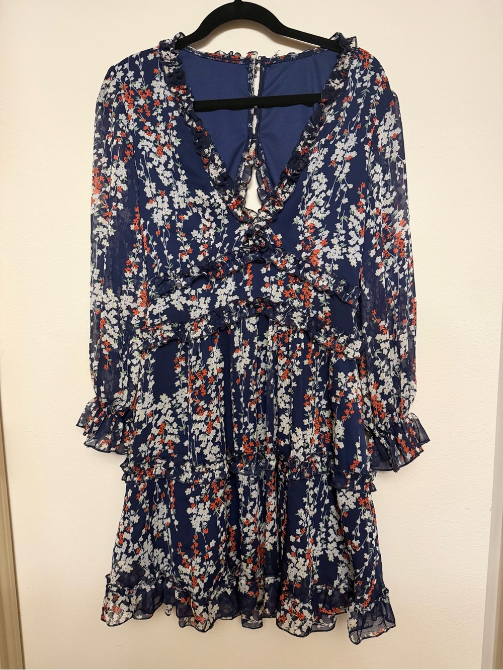 SHEIN Navy Floral Ruffle Tiered Long-Sleeve Dress with Orange Accents